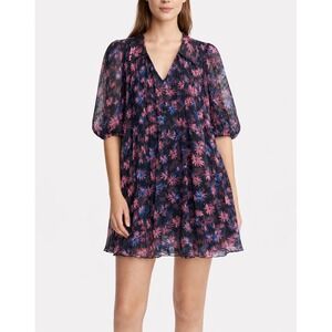 GANNI Floral Pleated Mini Dress Puff Sleeve Sheer Overlay EU 32 US 0 Scandi Chic